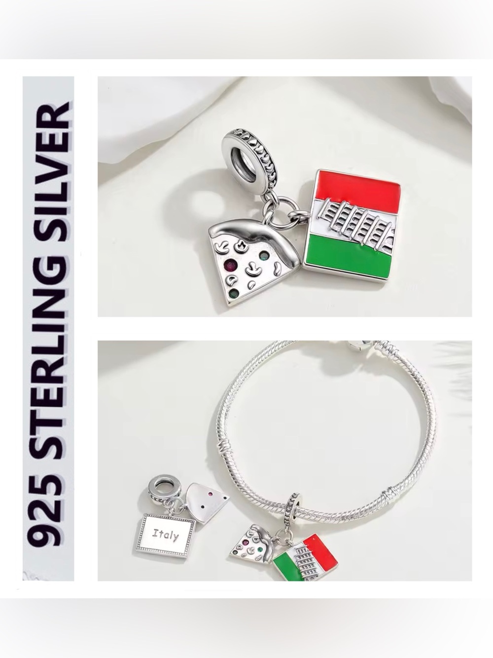 🌟🌟 S925 Sterling Silver Italy Flag & Pizza Dangle Charm Bracelet Set